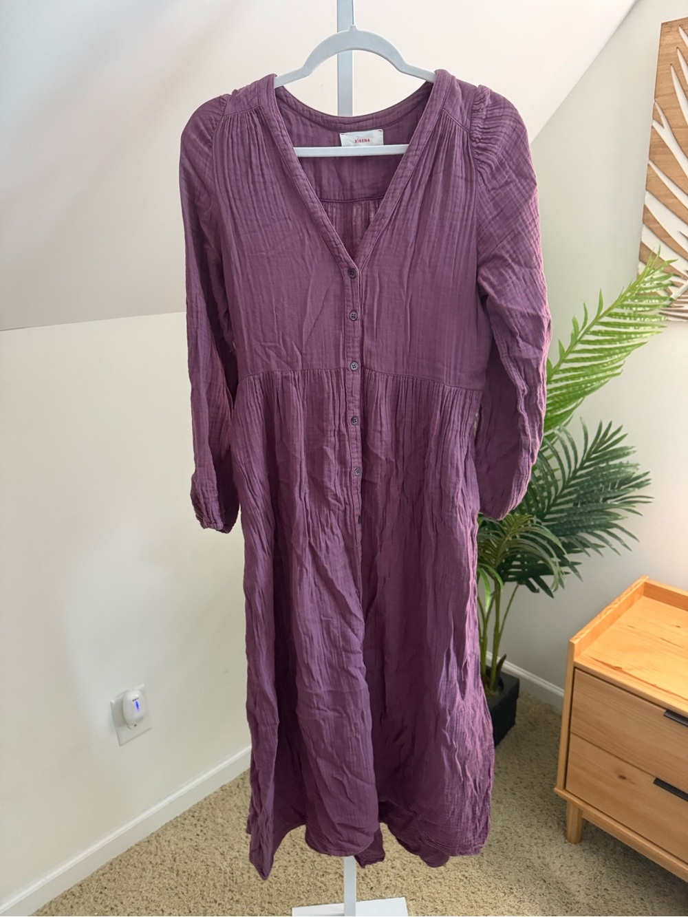 Xirena‎ 100% Cotton Dress V-Neck Ling Sleeve Button Front Midi A-Line Small